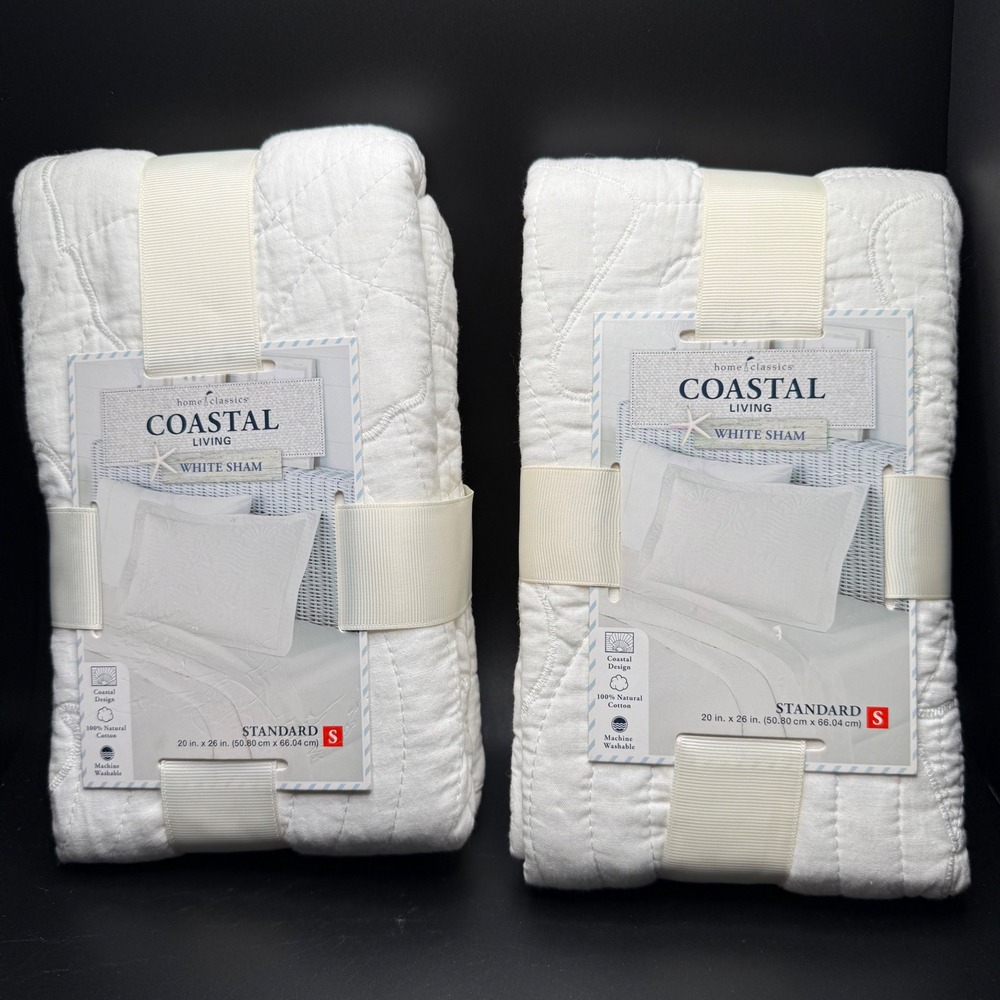Home Classics Coastal Living White Cotton Quilted Shell Standard Pillow Shams X2